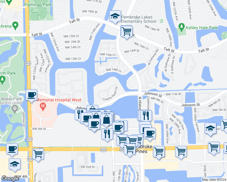 map of restaurants, bars, coffee shops, grocery stores, and more near 901 Colony Point Circle in Pembroke Pines