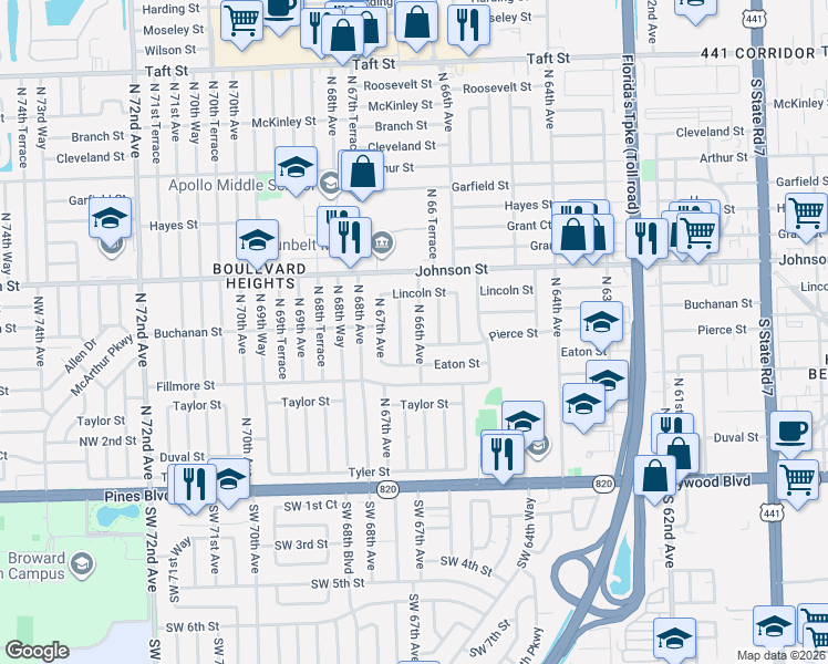 map of restaurants, bars, coffee shops, grocery stores, and more near 540 North 66th Avenue in Hollywood