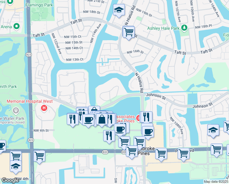 map of restaurants, bars, coffee shops, grocery stores, and more near 1001 Colony Point Circle in Pembroke Pines