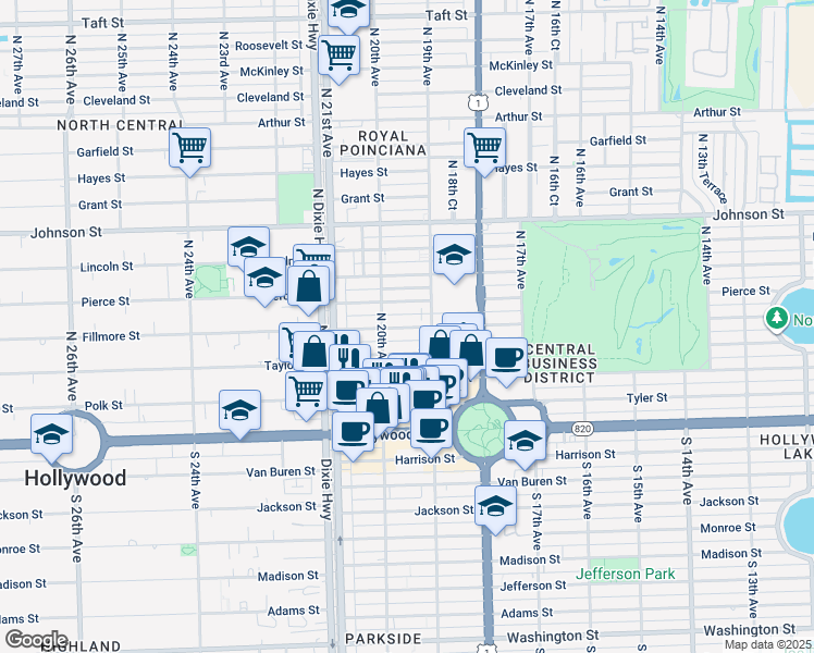 map of restaurants, bars, coffee shops, grocery stores, and more near 1947 Taylor Street in Hollywood