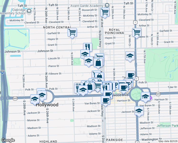 map of restaurants, bars, coffee shops, grocery stores, and more near 2140 Fillmore Street in Hollywood