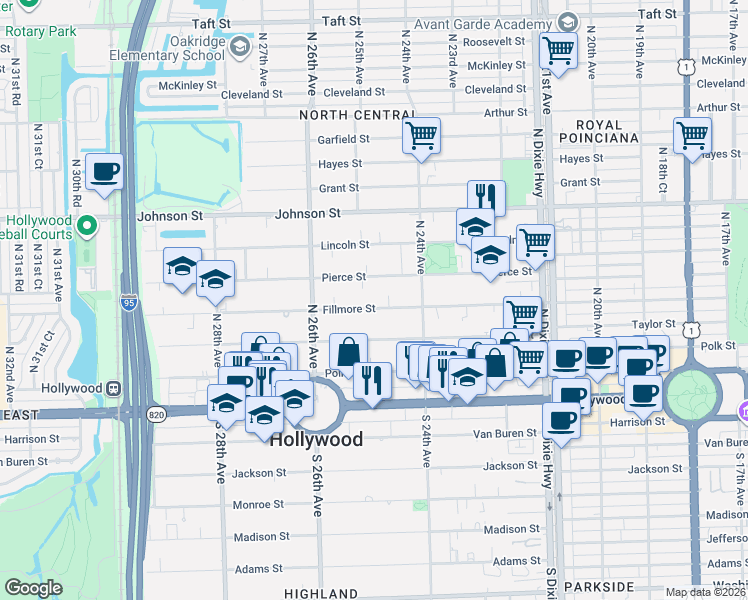 map of restaurants, bars, coffee shops, grocery stores, and more near 2462 Fillmore Street in Hollywood