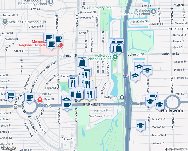 map of restaurants, bars, coffee shops, grocery stores, and more near 3134 Fillmore Street in Hollywood
