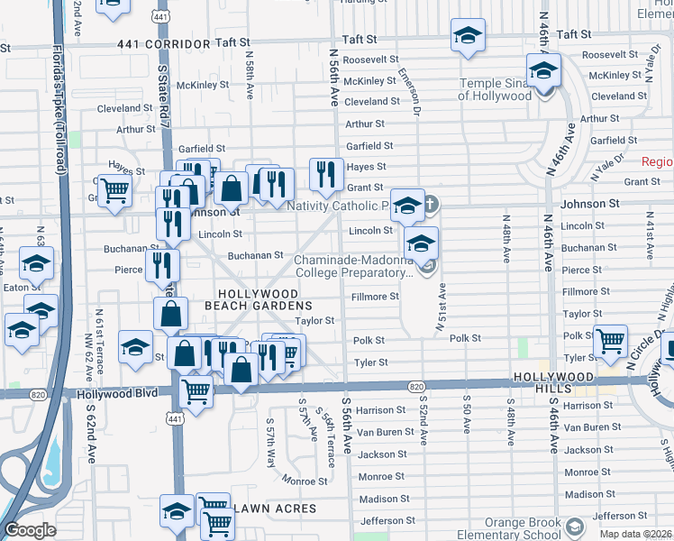 map of restaurants, bars, coffee shops, grocery stores, and more near 5617 Fillmore Street in Hollywood