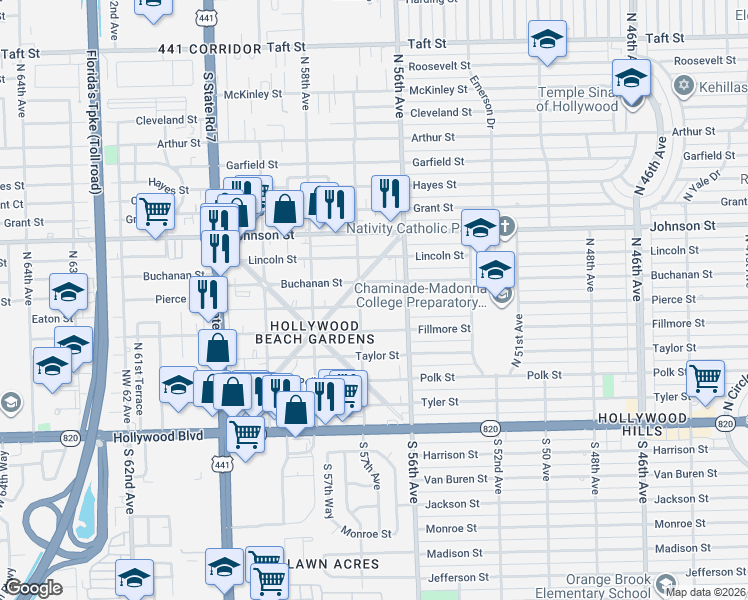 map of restaurants, bars, coffee shops, grocery stores, and more near 5617 Fillmore Street in Hollywood