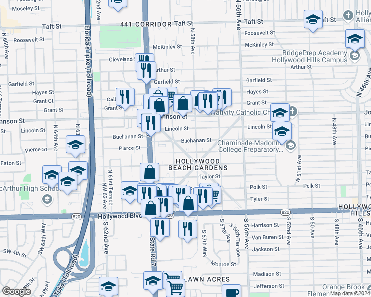 map of restaurants, bars, coffee shops, grocery stores, and more near 5820 Pierce Street in Hollywood