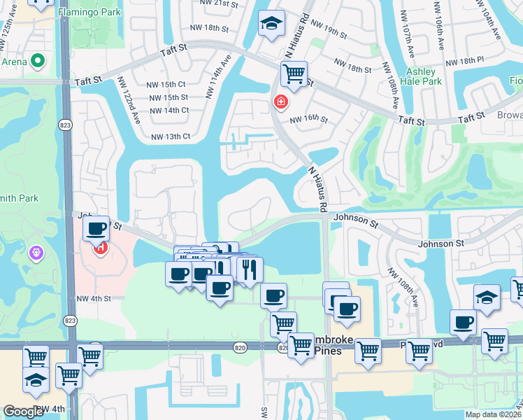 map of restaurants, bars, coffee shops, grocery stores, and more near 1000 Colony Point Circle in Pembroke Pines