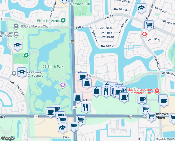 map of restaurants, bars, coffee shops, grocery stores, and more near in Pembroke Pines