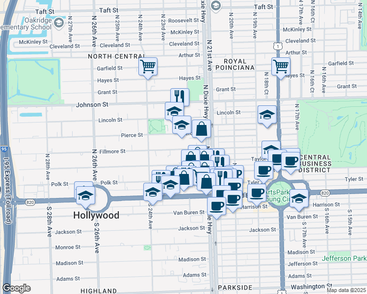 map of restaurants, bars, coffee shops, grocery stores, and more near 2140 Fillmore Street in Hollywood