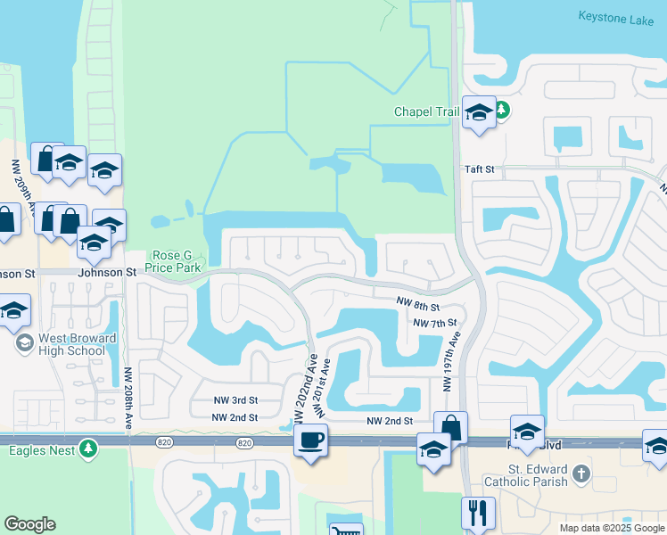 map of restaurants, bars, coffee shops, grocery stores, and more near 939 Northwest 201st Lane in Pembroke Pines