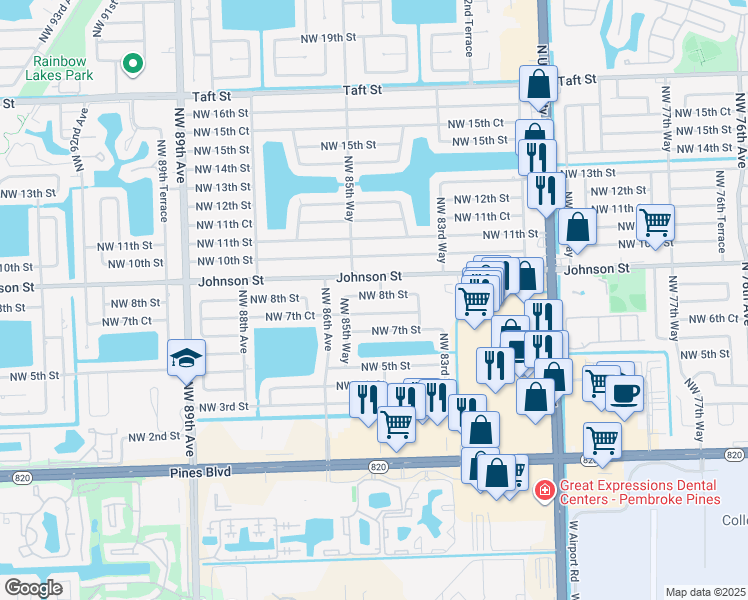 map of restaurants, bars, coffee shops, grocery stores, and more near 8500 Johnson Street in Pembroke Pines