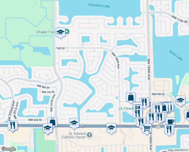 map of restaurants, bars, coffee shops, grocery stores, and more near 1212 Northwest 192nd Avenue in Pembroke Pines