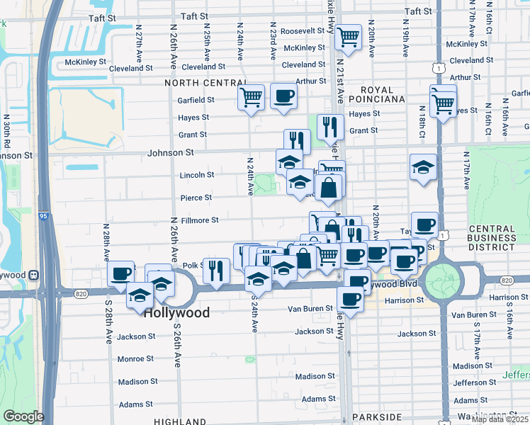 map of restaurants, bars, coffee shops, grocery stores, and more near 2326 Pierce Street in Hollywood