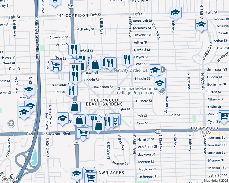 map of restaurants, bars, coffee shops, grocery stores, and more near 5711 Buchanan Street in Hollywood