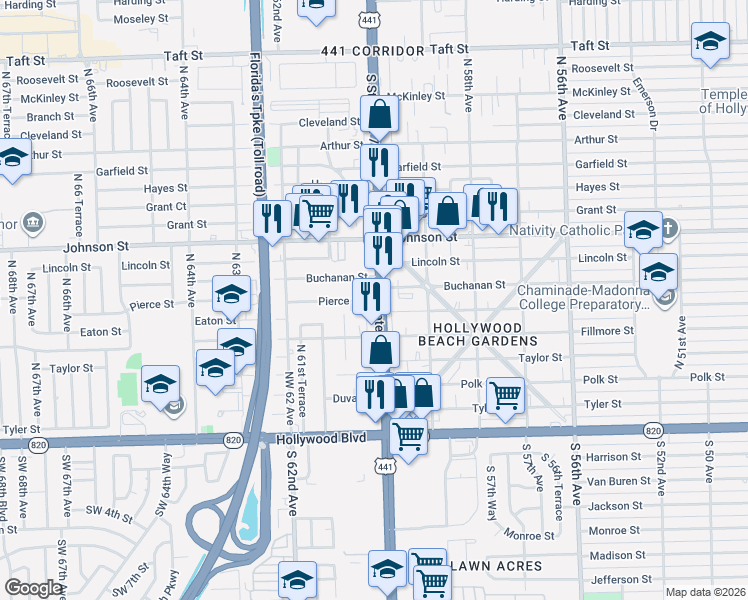 map of restaurants, bars, coffee shops, grocery stores, and more near 700 U.S. 441 in Hollywood