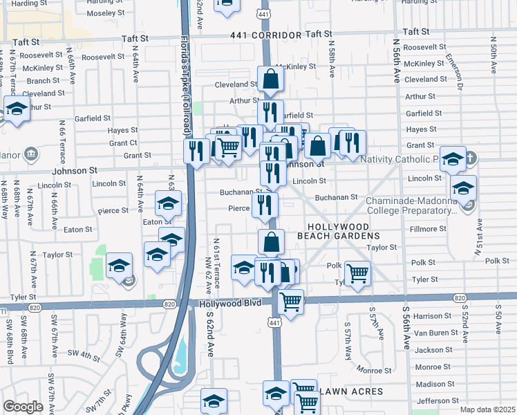 map of restaurants, bars, coffee shops, grocery stores, and more near 700 U.S. 441 in Hollywood