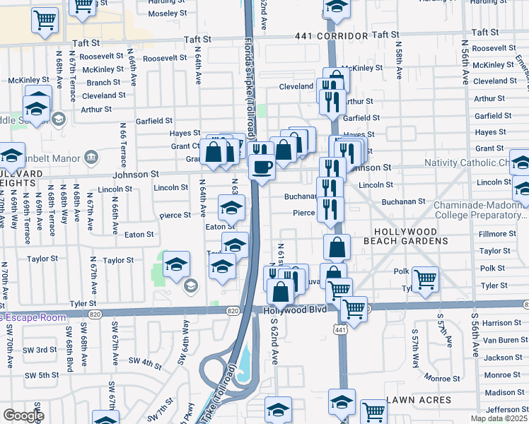 map of restaurants, bars, coffee shops, grocery stores, and more near 6206 Buchanan Street in Hollywood