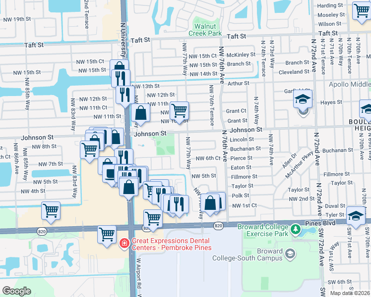 map of restaurants, bars, coffee shops, grocery stores, and more near 800 Northwest 78th Avenue in Pembroke Pines