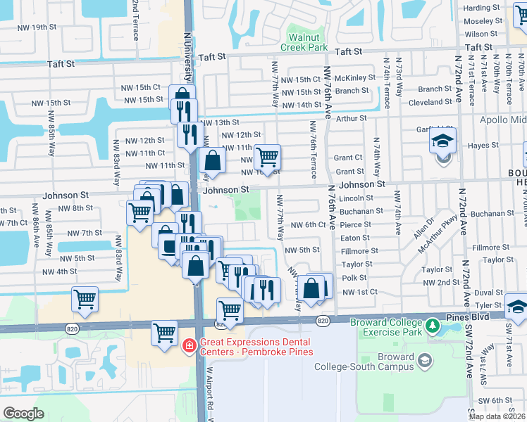 map of restaurants, bars, coffee shops, grocery stores, and more near 800 Northwest 78th Avenue in Pembroke Pines