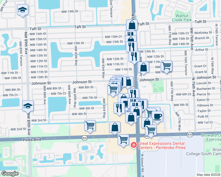 map of restaurants, bars, coffee shops, grocery stores, and more near 8200 Johnson Street in Pembroke Pines