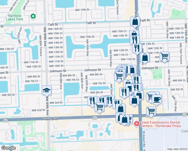 map of restaurants, bars, coffee shops, grocery stores, and more near 8500 Johnson Street in Pembroke Pines