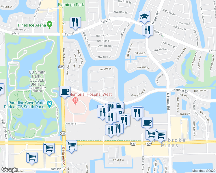 map of restaurants, bars, coffee shops, grocery stores, and more near 11738 Northwest 12th Street in Pembroke Pines
