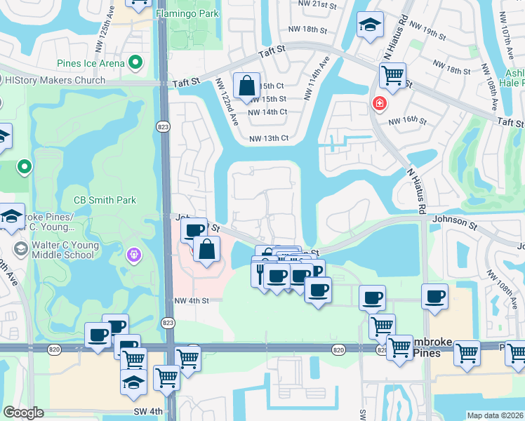 map of restaurants, bars, coffee shops, grocery stores, and more near 11939 Northwest 12th Street in Pembroke Pines