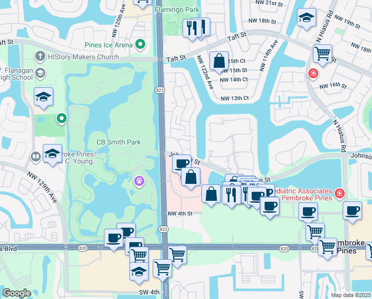 map of restaurants, bars, coffee shops, grocery stores, and more near 12241 Northwest 11th Street in Pembroke Pines
