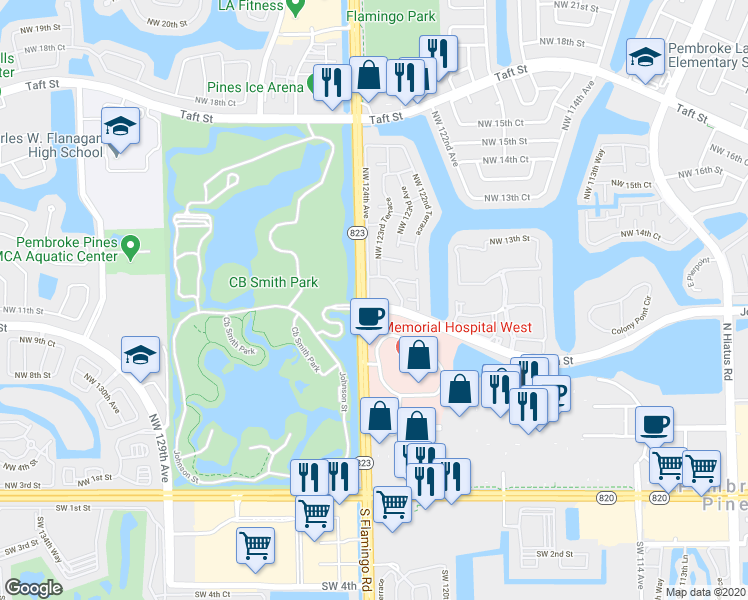 map of restaurants, bars, coffee shops, grocery stores, and more near 1083 Northwest 124th Avenue in Pembroke Pines