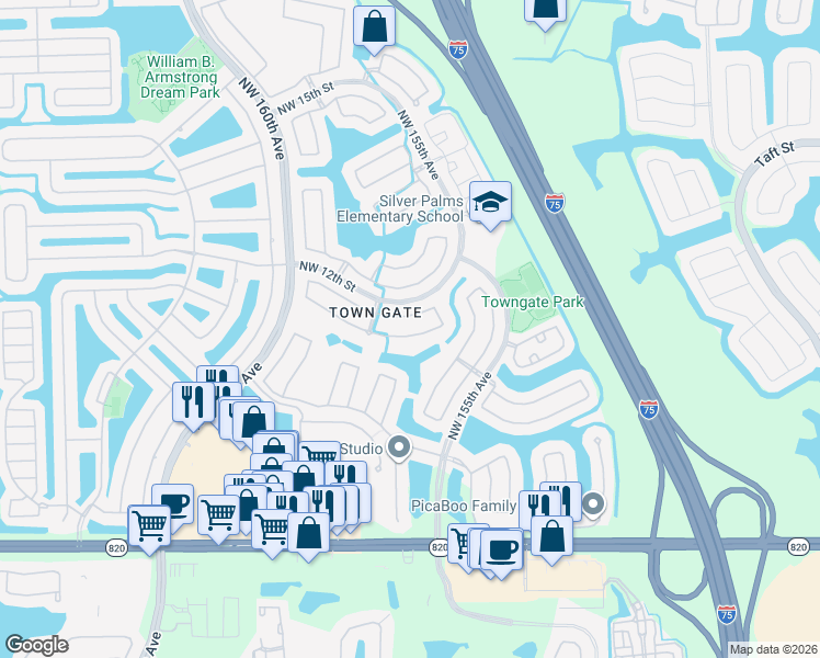 map of restaurants, bars, coffee shops, grocery stores, and more near 15739 Northwest 11th Street in Pembroke Pines