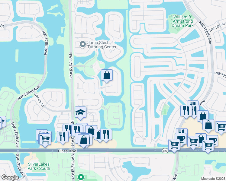 map of restaurants, bars, coffee shops, grocery stores, and more near 16769 Northwest 12th Court in Pembroke Pines
