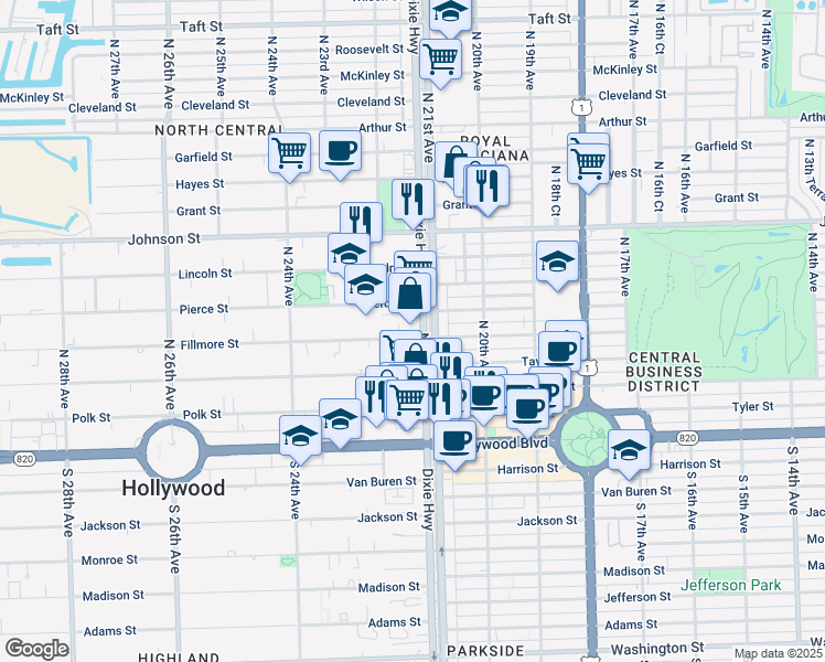 map of restaurants, bars, coffee shops, grocery stores, and more near 526a North Dixie Highway in Hollywood