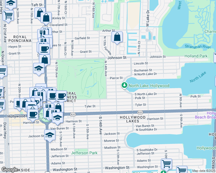 map of restaurants, bars, coffee shops, grocery stores, and more near 501 North 14th Avenue in Hollywood