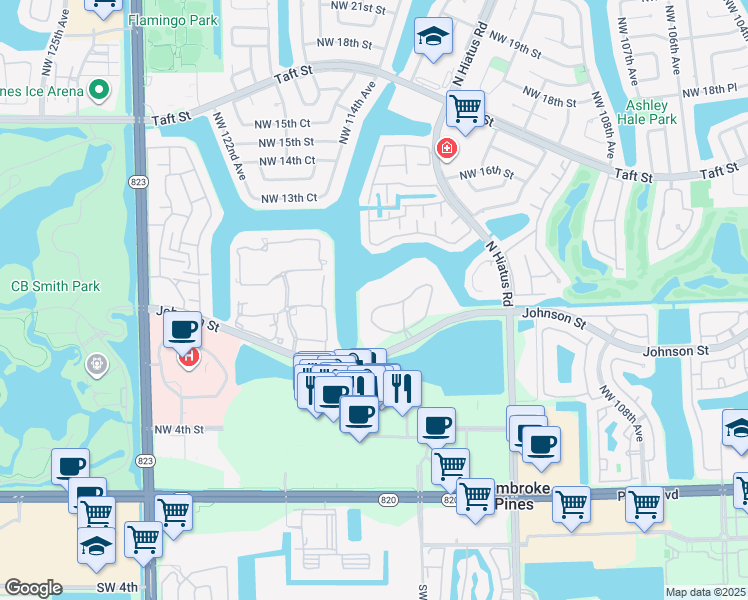 map of restaurants, bars, coffee shops, grocery stores, and more near 1100 Colony Point Circle in Pembroke Pines