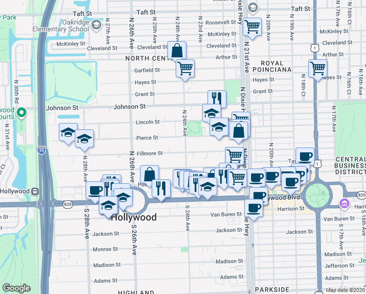 map of restaurants, bars, coffee shops, grocery stores, and more near 2422 Pierce Street in Hollywood