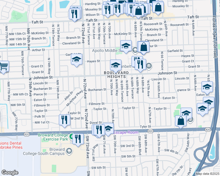 map of restaurants, bars, coffee shops, grocery stores, and more near 800 North 70th Terrace in Hollywood