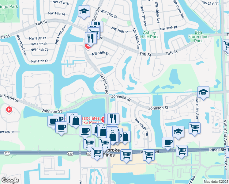 map of restaurants, bars, coffee shops, grocery stores, and more near 10910 Clubhouse Road in Pembroke Pines