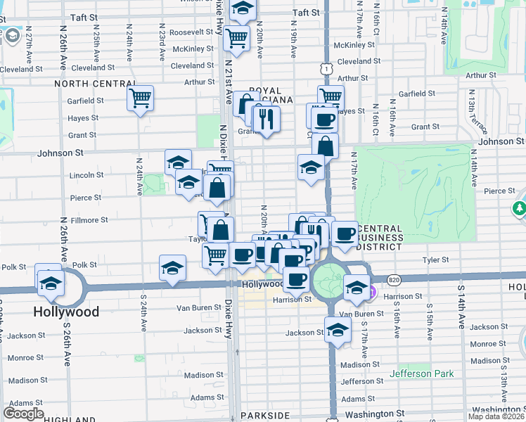 map of restaurants, bars, coffee shops, grocery stores, and more near 1946 Pierce Street in Hollywood