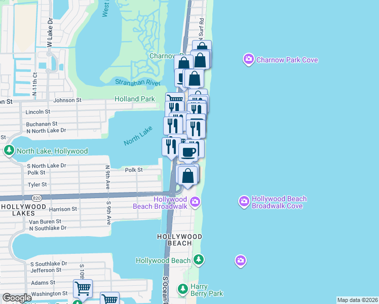map of restaurants, bars, coffee shops, grocery stores, and more near 330 Fillmore Street in Hollywood