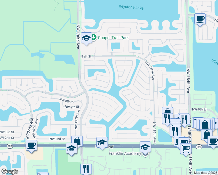 map of restaurants, bars, coffee shops, grocery stores, and more near 1011 Northwest 193rd Avenue in Pembroke Pines