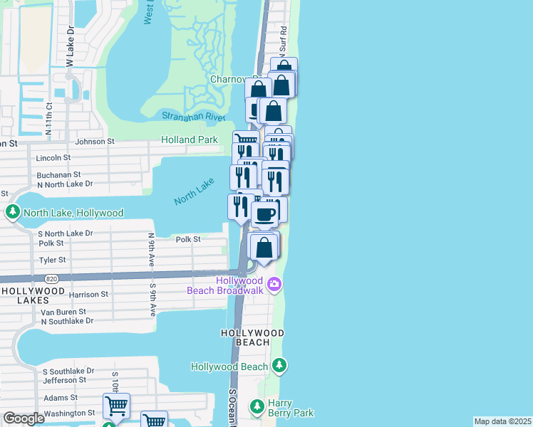 map of restaurants, bars, coffee shops, grocery stores, and more near 330 Fillmore Street in Hollywood
