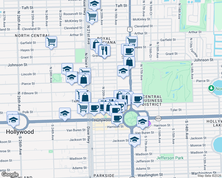 map of restaurants, bars, coffee shops, grocery stores, and more near 1946 Pierce Street in Hollywood