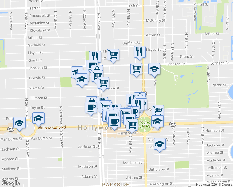 map of restaurants, bars, coffee shops, grocery stores, and more near 1946 Pierce Street in Hollywood