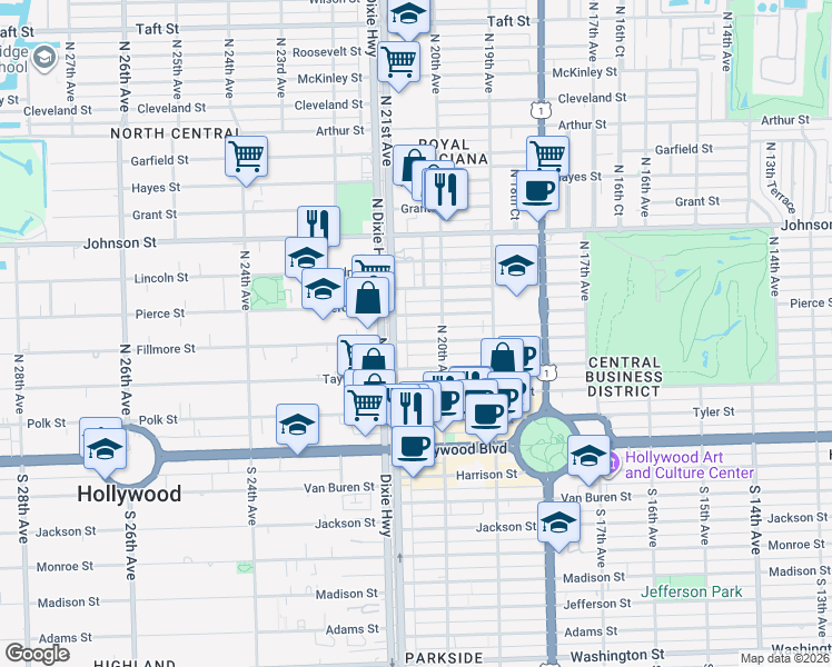 map of restaurants, bars, coffee shops, grocery stores, and more near 2028 Pierce Street in Hollywood