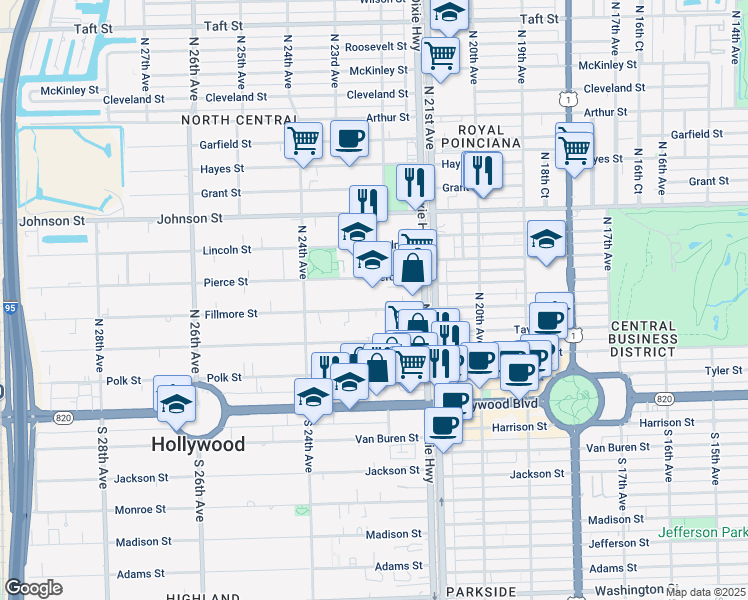 map of restaurants, bars, coffee shops, grocery stores, and more near 2148 Pierce Street in Hollywood