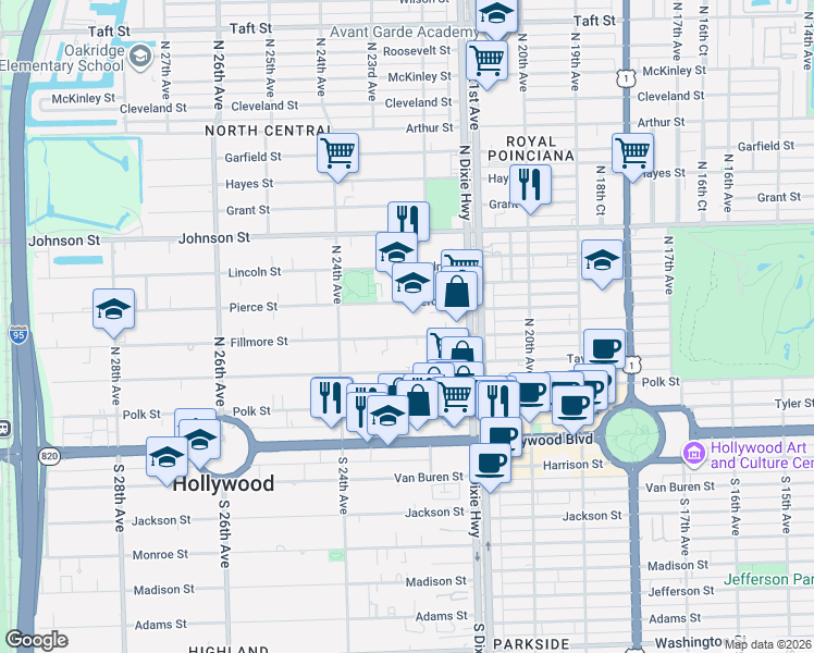 map of restaurants, bars, coffee shops, grocery stores, and more near 2236 Pierce Street in Hollywood