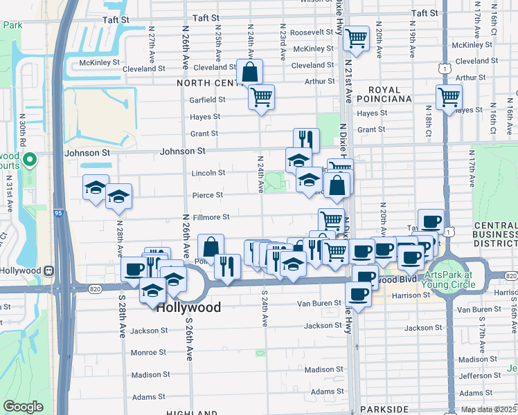 map of restaurants, bars, coffee shops, grocery stores, and more near 2422 Pierce Street in Hollywood