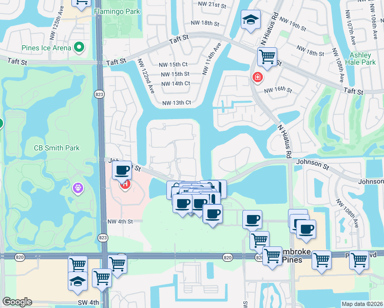 map of restaurants, bars, coffee shops, grocery stores, and more near 11704 Northwest 12th Street in Pembroke Pines