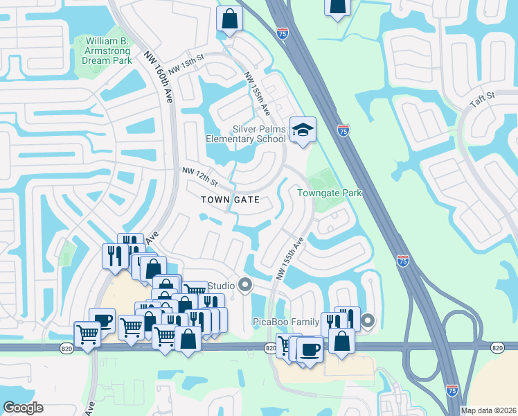map of restaurants, bars, coffee shops, grocery stores, and more near 15739 Northwest 11th Street in Pembroke Pines