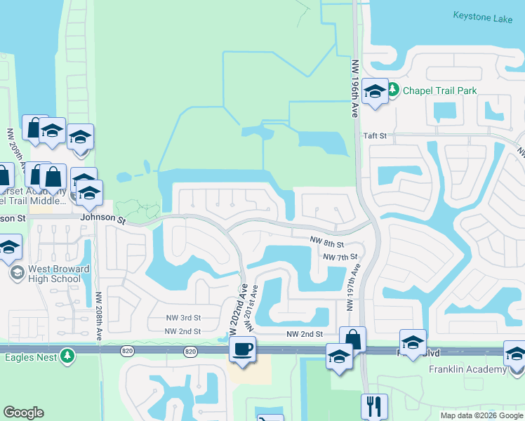 map of restaurants, bars, coffee shops, grocery stores, and more near 939 Northwest 201st Lane in Pembroke Pines